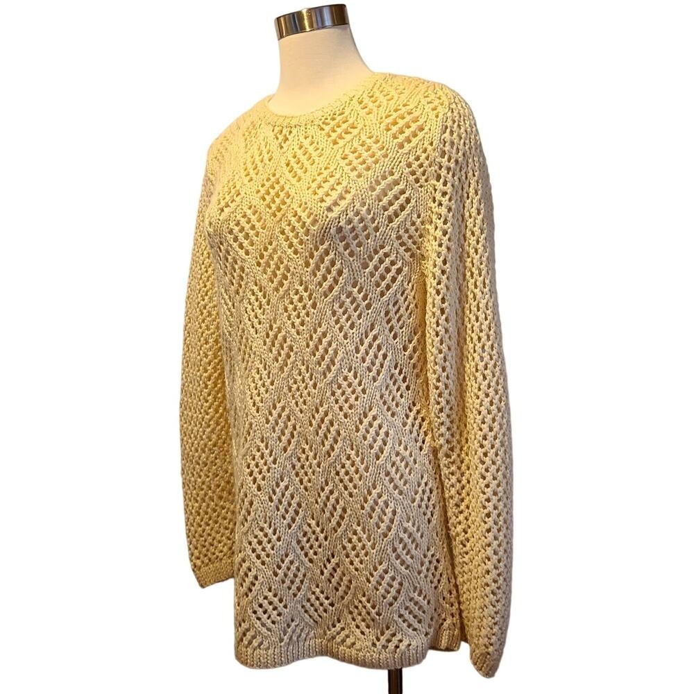 Vintage Ivory Cream Open Knit Wool Blend Diamond Crochet Sweater Hong Kong XL